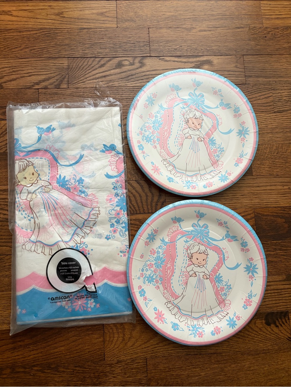 Vintage Amscan Baby Shower Paper Table Cover Plates Unopened Pink Blue White
